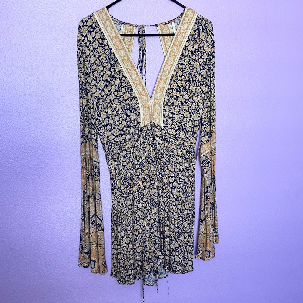 Free People Blue Combo Romper with Open Back and Butterfly Style Sleeves - NEW